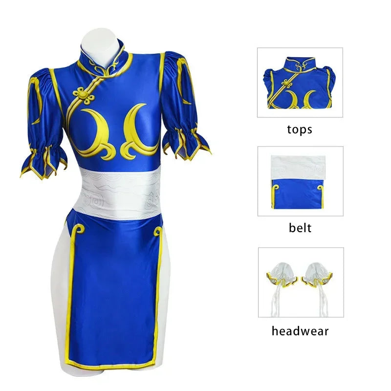 Street Fighter Chun-Li Cosplay Kjole & Hårpynt