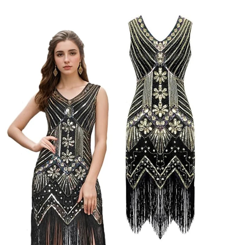 Elegant Great Gatsby Flapper Kjole med Tilbehørsett