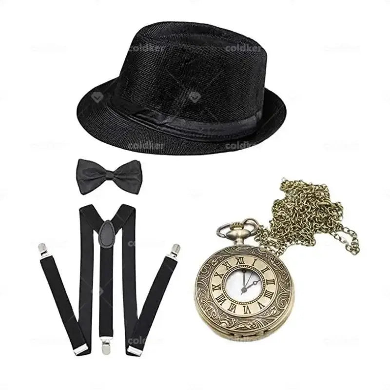 Retro Gangster Tilbehørsett (Hatt, Seler & Sløyfe)