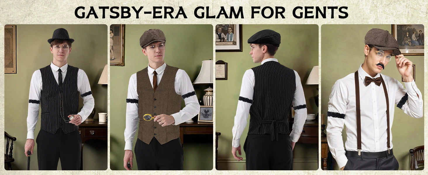 Complete 1920-tallet Herre Kostymesett med Vest & Hatt