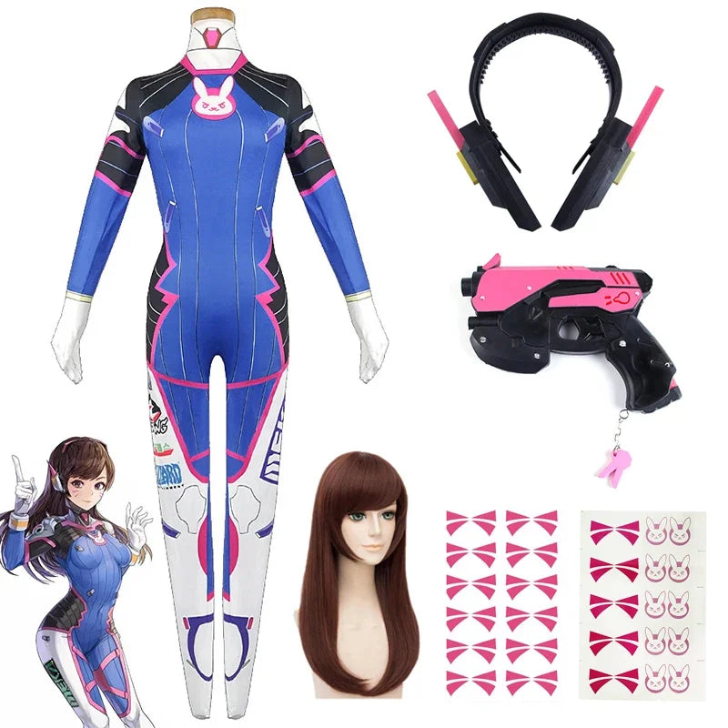Overwatch D.Va Deluxe Cosplay-sett med Parykk & Hodesett