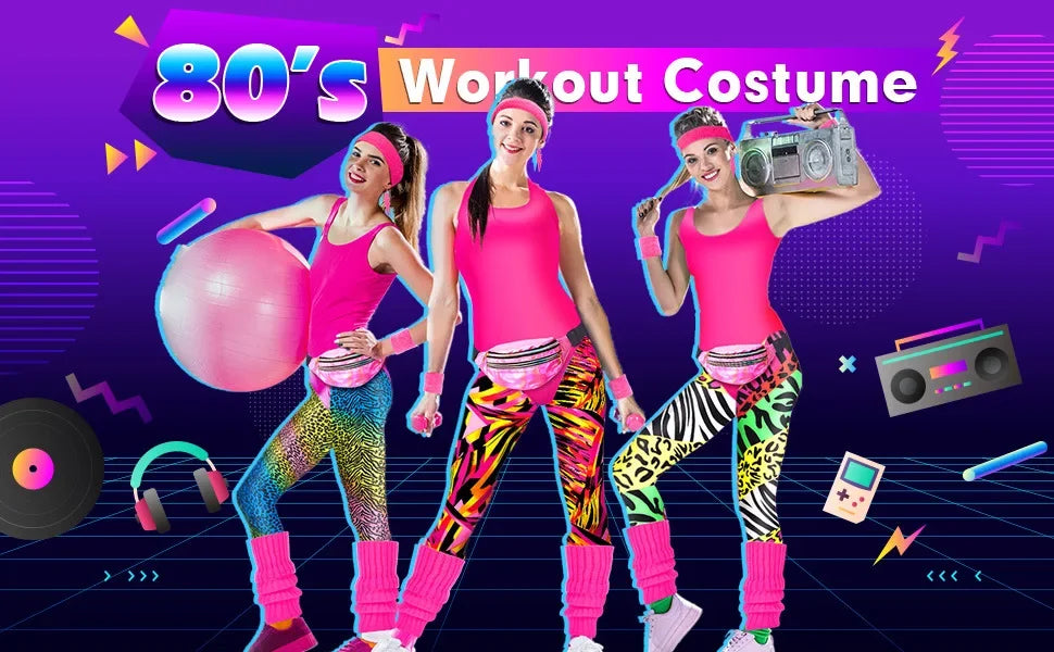 7-Delers Neon 80s Aerobic Kostymesett for Damer
