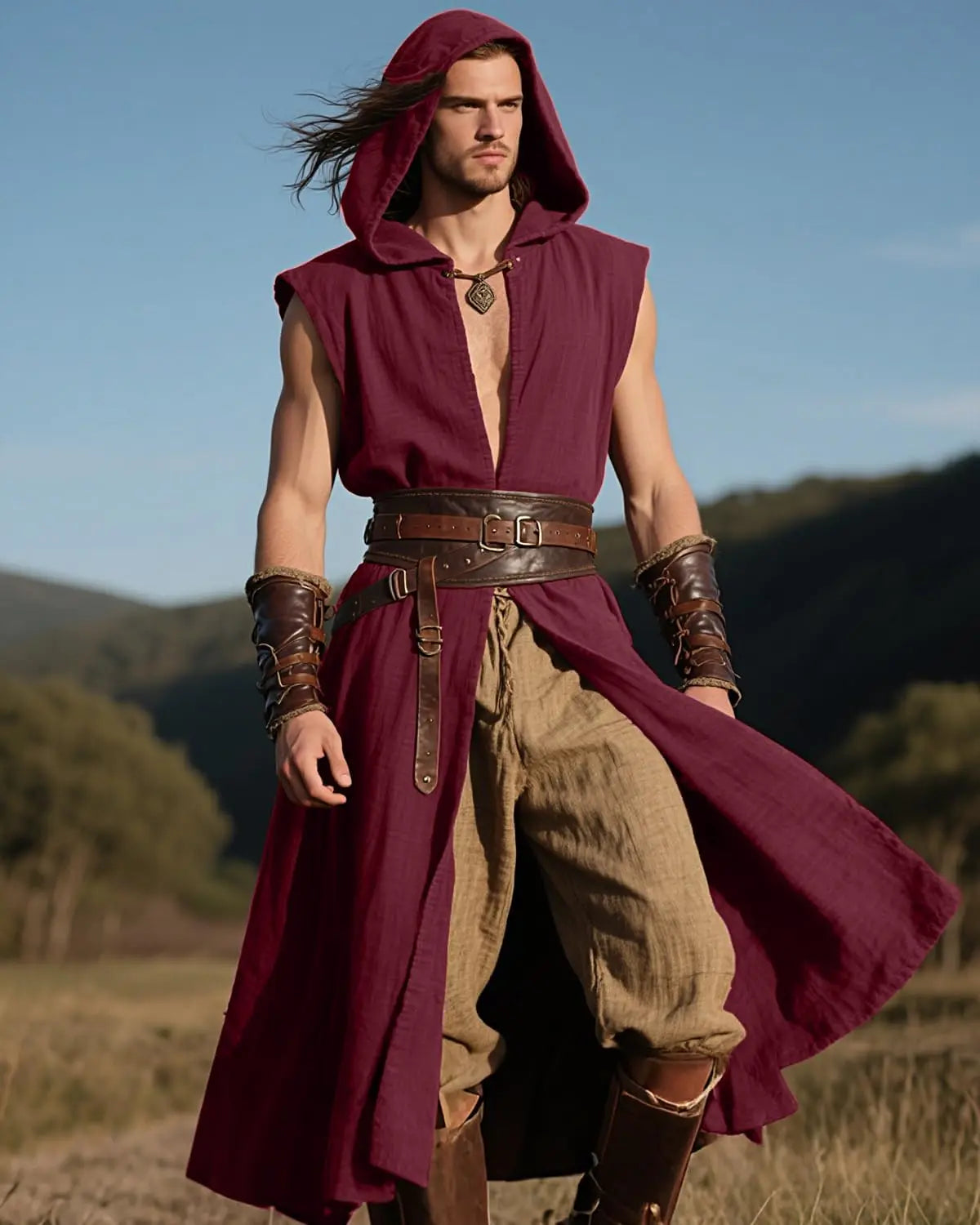 Mens Medieval Hooded Surcoat Kostyme