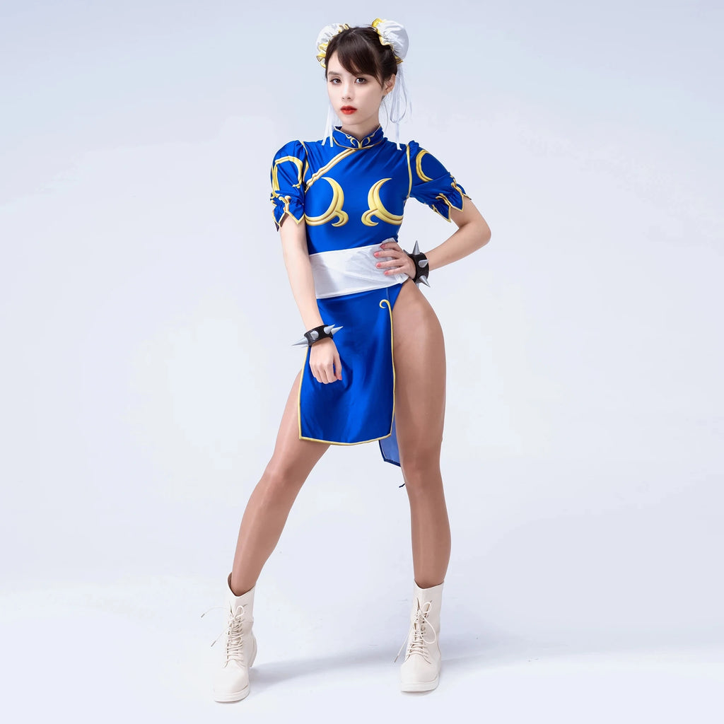 Street Fighter Chun-Li Cosplay Kjole & Hårpynt