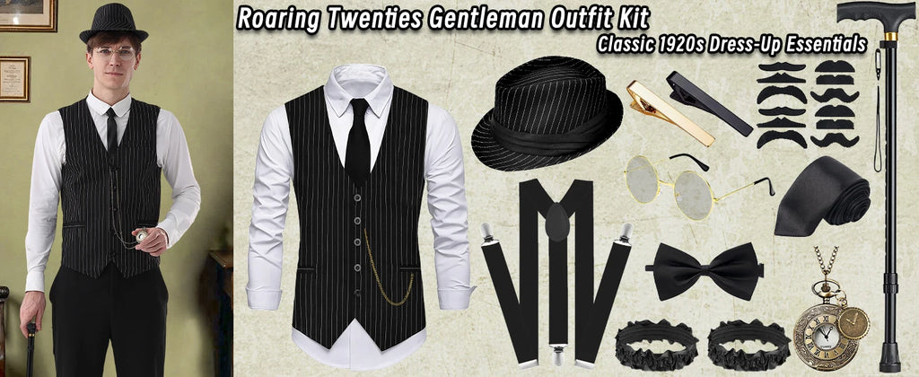 Complete 1920-tallet Herre Kostymesett med Vest & Hatt
