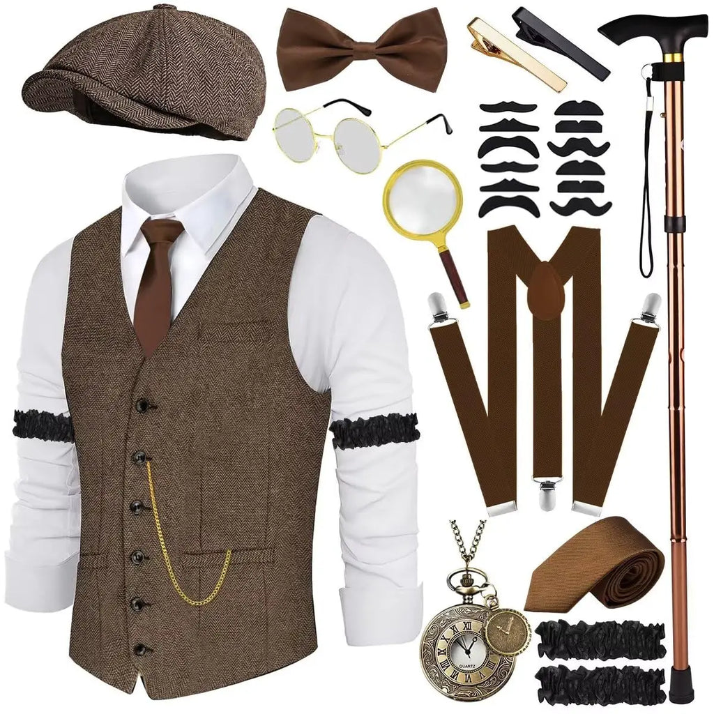 Complete 1920-tallet Herre Kostymesett med Vest & Hatt