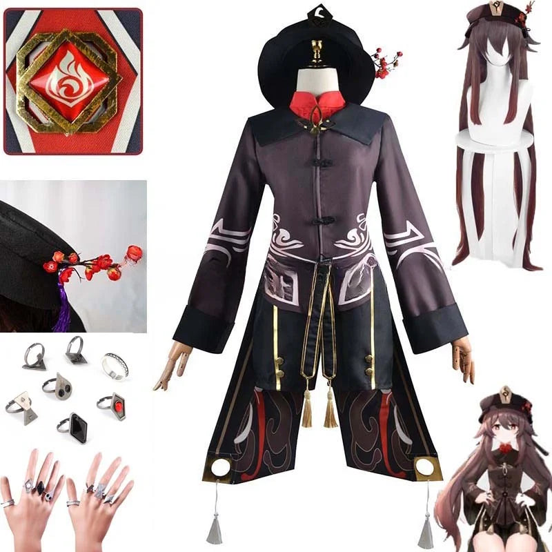 Genshin Impact Hu Tao Cosplay Kostyme & Parykk