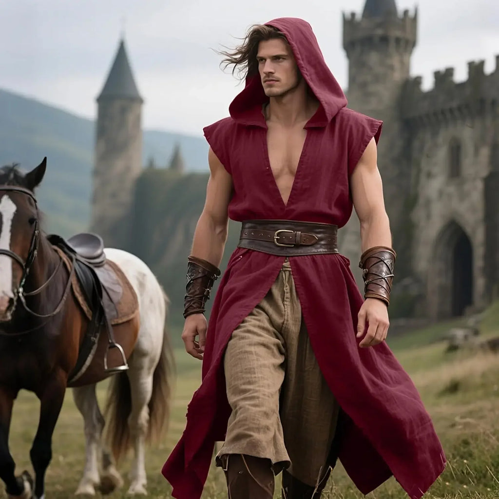Mens Medieval Hooded Surcoat Kostyme