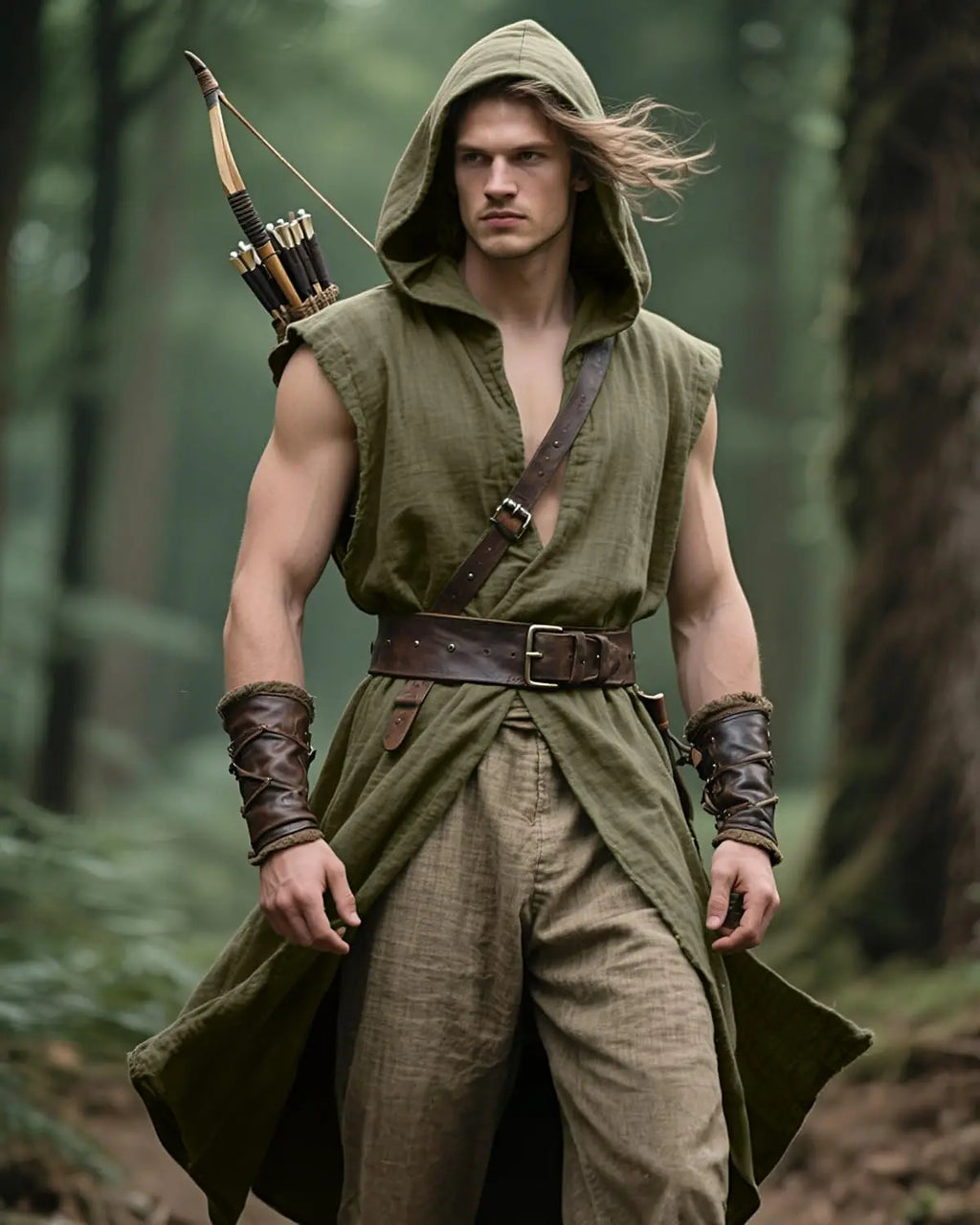 Mens Medieval Hooded Surcoat Kostyme