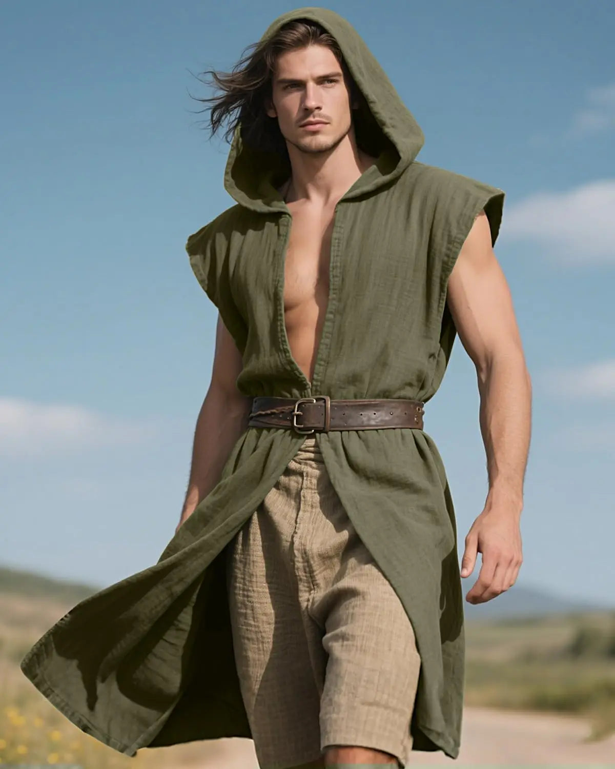 Mens Medieval Hooded Surcoat Kostyme