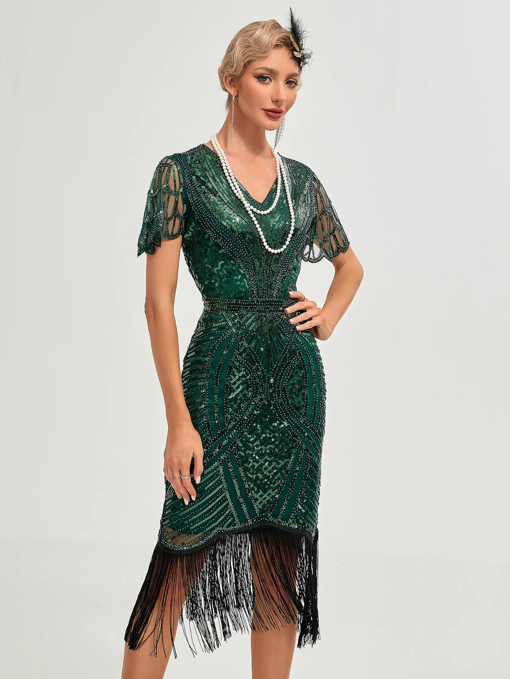 Roaring 20s Flapper Kostymekjole med Perler og Frynser