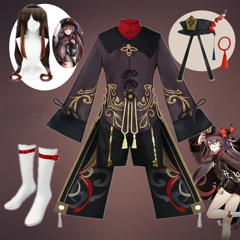 Genshin Impact Hu Tao Cosplay Kostyme & Parykk