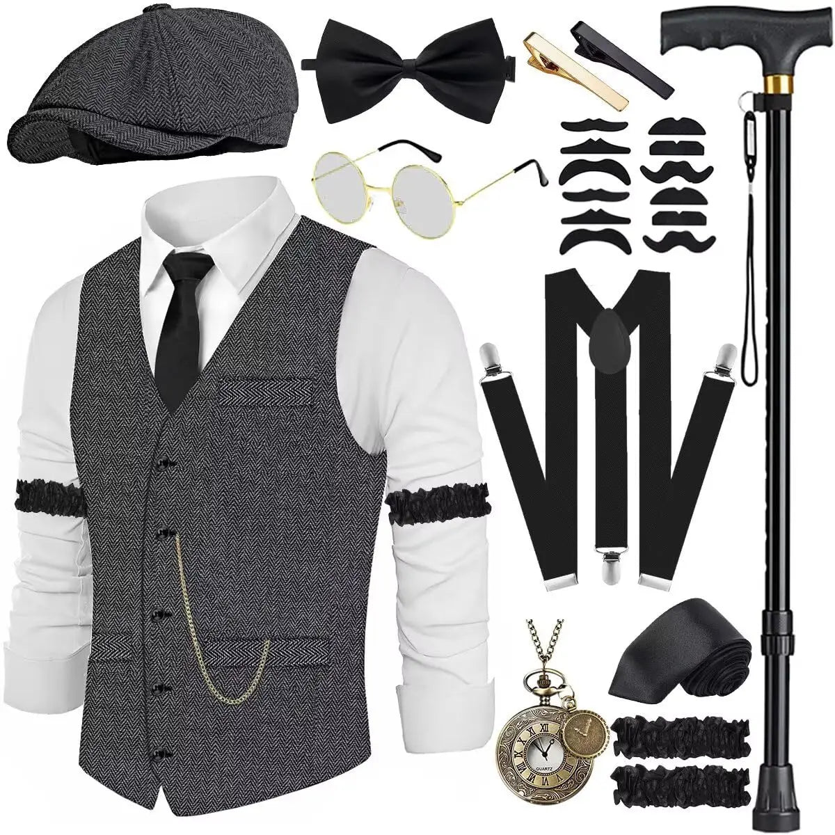 Complete 1920-tallet Herre Kostymesett med Vest & Hatt