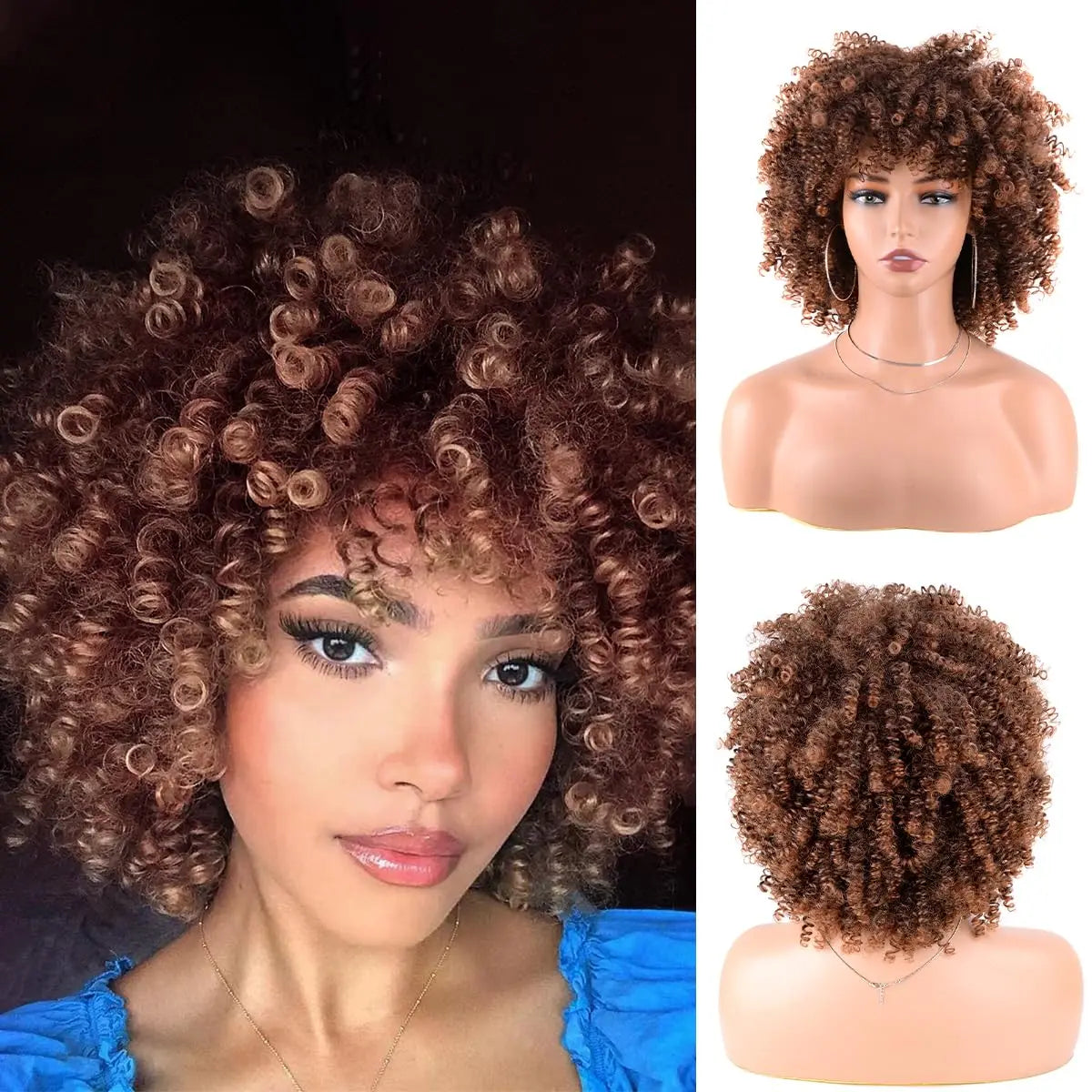 Kort Kinky Curly Afroparykk med Pannelugg