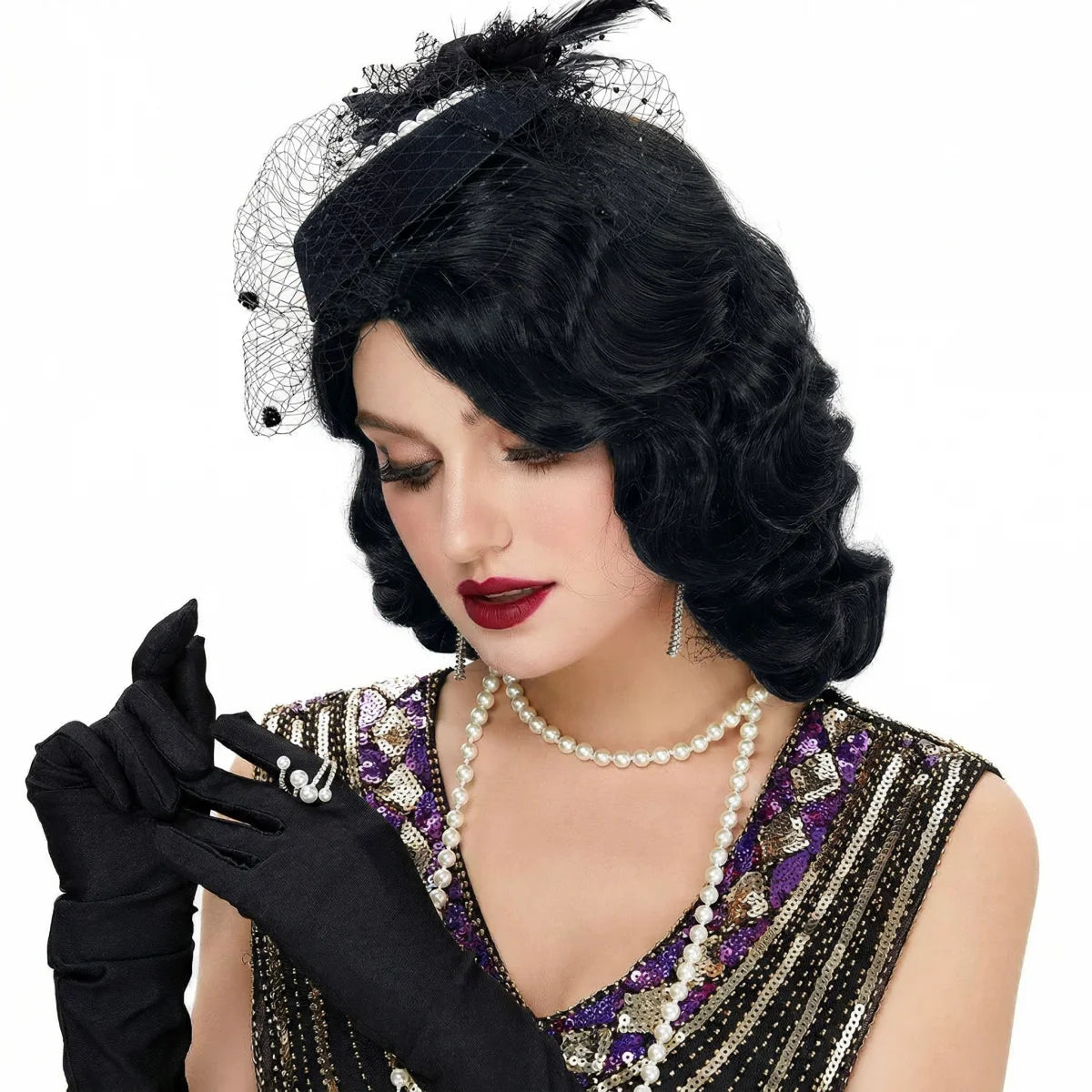 Lang 1920-talls Finger Wave Gatsby Parykk