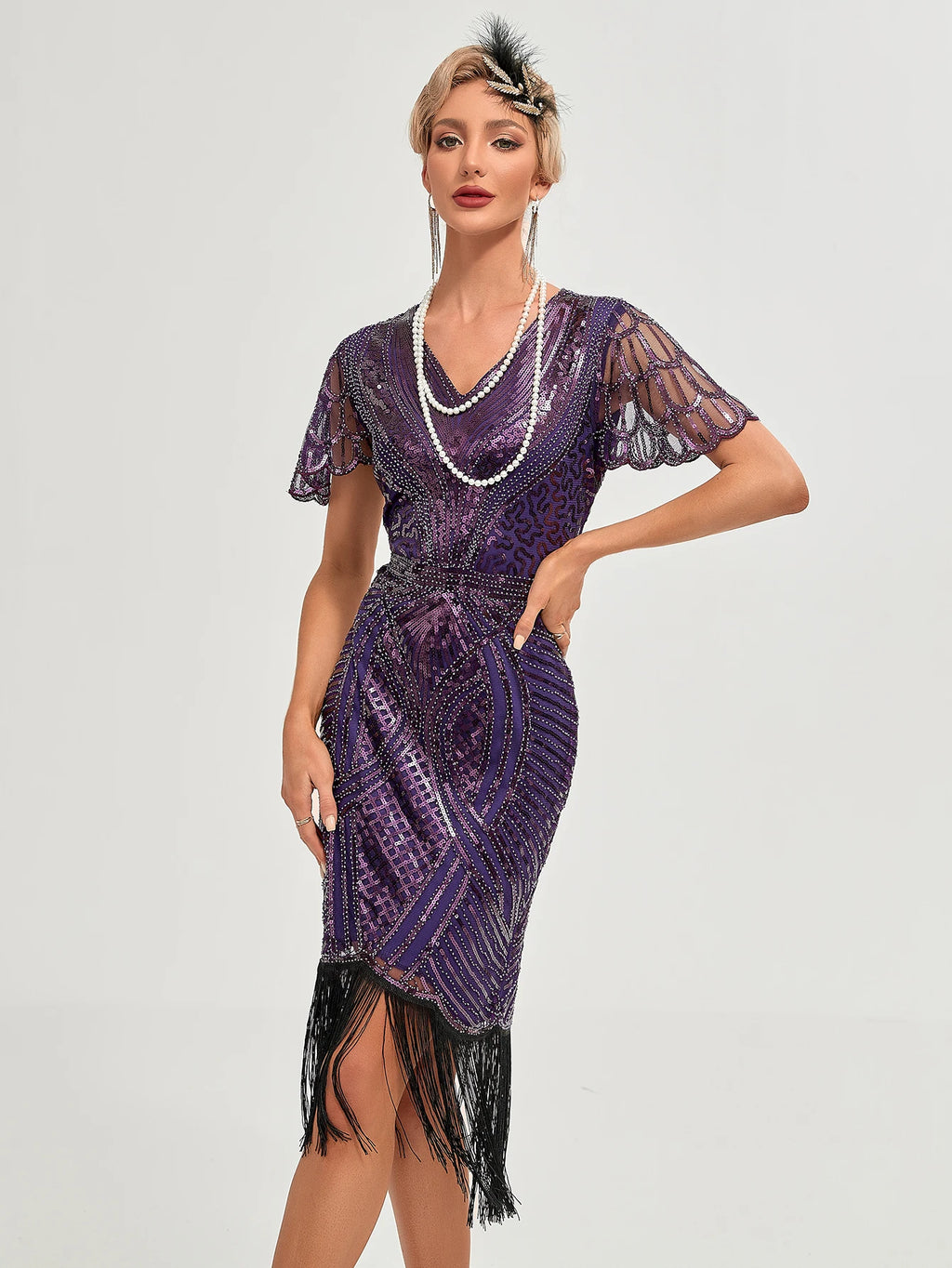 Roaring 20s Flapper Kostymekjole med Perler og Frynser