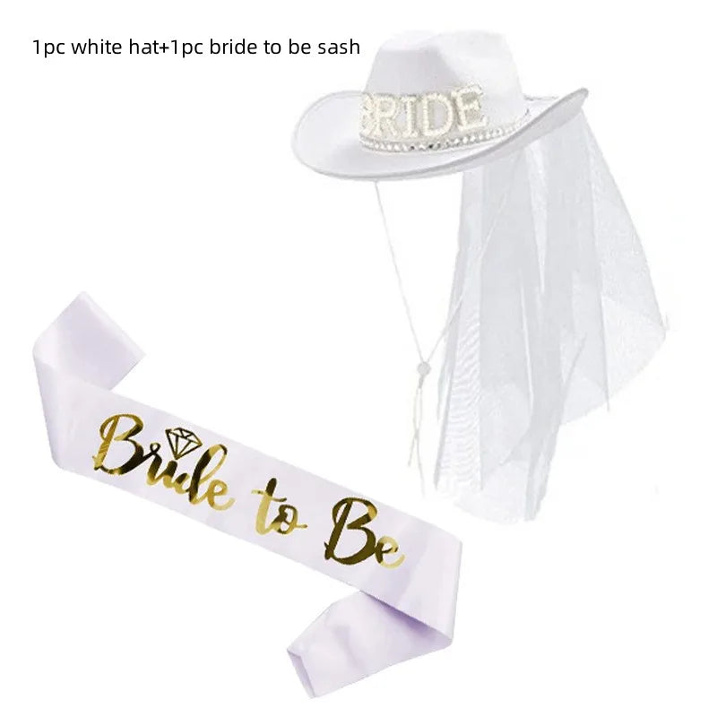 Bride To Be Cowboyhatt med Slør & Satengbånd
