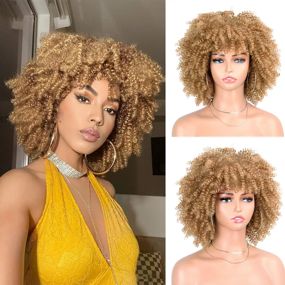 Kort Kinky Curly Afroparykk med Pannelugg