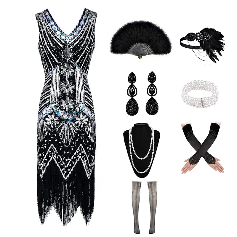 Elegant Great Gatsby Flapper Kjole med Tilbehørsett